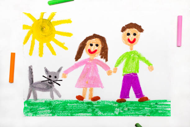 istock Colorful drawing: Happy couple and cute cat 1136754297