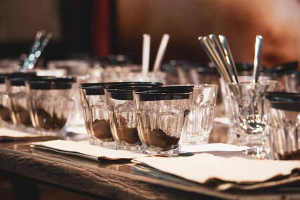 istock Tasting coffee in glass, Coffee cups on table for tasting 1136755593