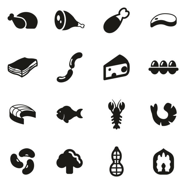 ilustrações de stock, clip art, desenhos animados e ícones de protein food icons - shrimp