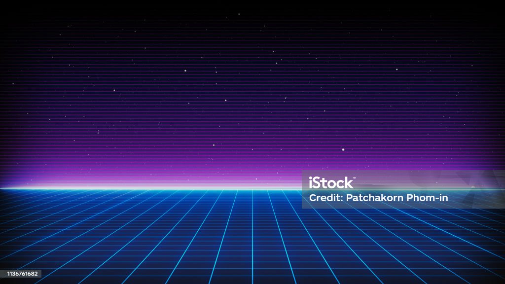 Retro Sci-Fi Background Futuristic landscape of the 80`s. Digital Cyber Surface. Suitable for design in the style of the 1980`s Backgrounds Stock Photo