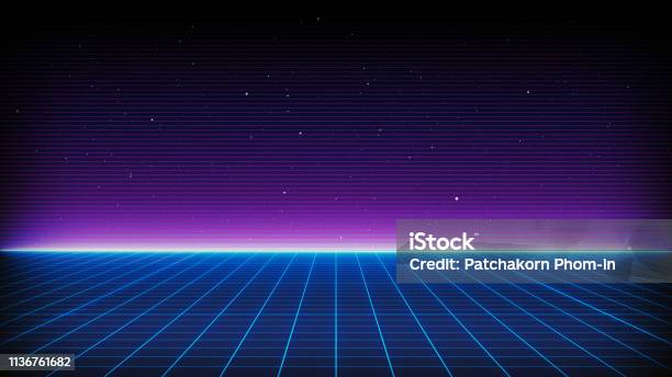 Retro Scifi Background Futuristic Landscape Of The 80s Digital Cyber Surface Suitable For Design In The Style Of The 1980s Stock Photo - Download Image Now