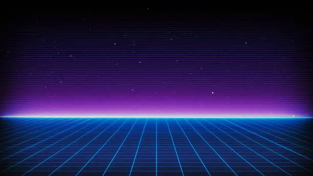 Photo of Retro Sci-Fi Background Futuristic landscape of the 80`s. Digital Cyber Surface. Suitable for design in the style of the 1980`s