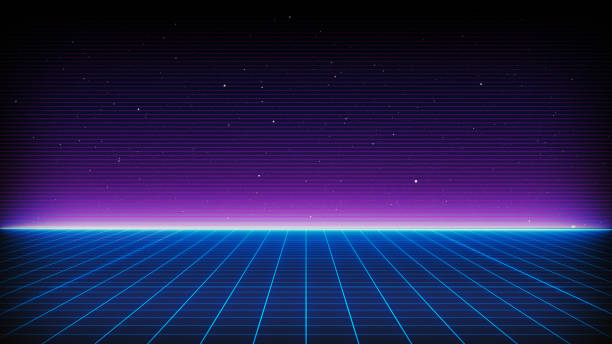 retro sci-fi background futuristic landscape of the 80`s. digital cyber surface. suitable for design in the style of the 1980`s - neon light fotos imagens e fotografias de stock
