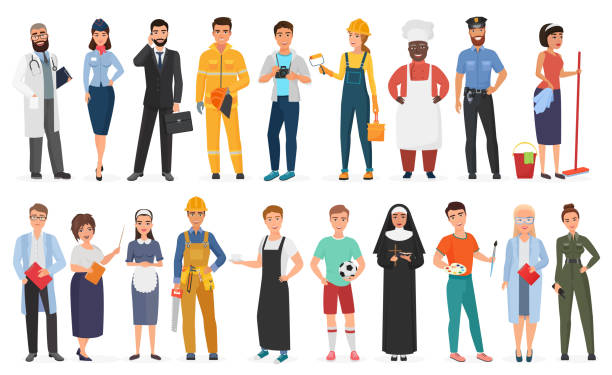 ilustrações de stock, clip art, desenhos animados e ícones de collection of men and women people workers of various different occupations or profession wearing professional uniform set vector illustration. - various occupations illustrations