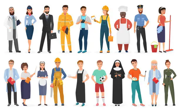 Vector illustration of Collection of men and women people workers of various different occupations or profession wearing professional uniform set vector illustration.