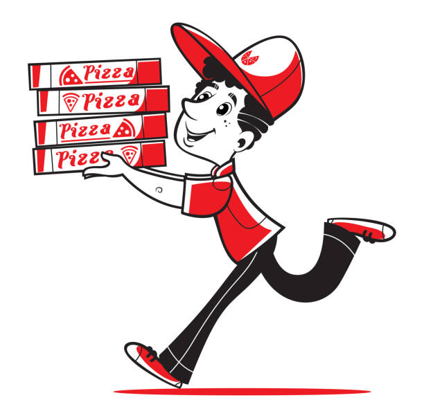 schnelle pizza-lieferung. vector illustration. - pizza delivering running men stock-grafiken, -clipart, -cartoons und -symbole