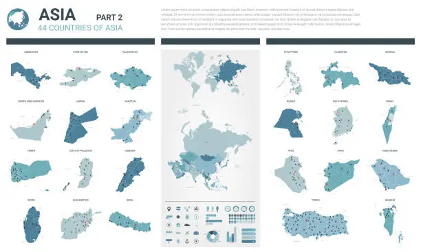 Vector illustration of Vector maps set.  High detailed 44 maps of Asian countries with administrative division and cities. Political map, map of Asia continent, world map, globe, infographic elements.  Part 2.