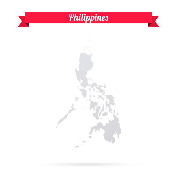 illustrazioni stock, clip art, cartoni animati e icone di tendenza di mappa filippine su sfondo bianco con striscione rosso - philippines map
