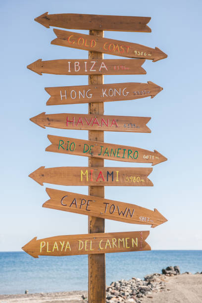 istock Direction signpost with distance to many different countries 1136768182