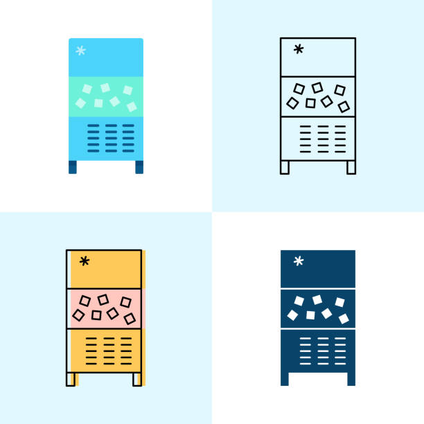 Ice maker machine icon set in flat and line styles Ice maker machine icon set in flat and line styles. Professional restaurant equipment symbols. Vector illustration. ice machines stock illustrations