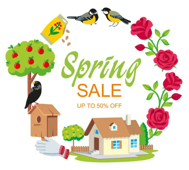 Vector illustration of Sale spring garden frame cartoon style.