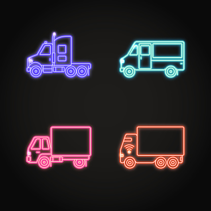 Truck neon icons set in line style. Shining cargo vehicle symbols on dark background. Freight transportation signs collection.