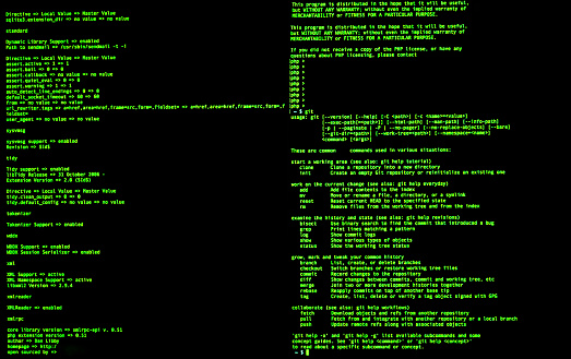 Green code in command line interface on black background, front view. UNIX bash shell