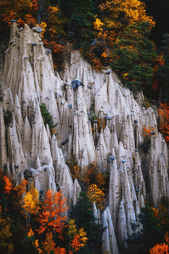 Natural phenomenon of Renon's pillars the earth pyramids at autumn time in Ritten, Alto adige, Bolzano, Italia