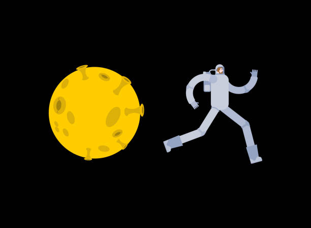 istock Astronaut run away from moon. Spaceman escapes from Selene. cosmonaut run off yellow planet 1136781980