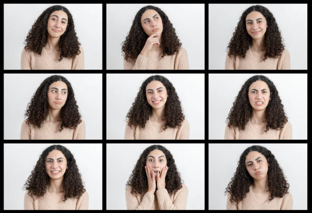 istock Young woman making nine different emotions 1136783225