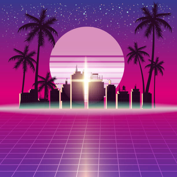 synthwave は、都市のヤシ、太陽、星とスタイルのレーザーグリッドとレトロな未来の風景を。ネオン retrowave のデザインと要素の sf 80 年代のスペース。ベクターイラストテンプレート分離され - laser backgrounds technology city点のイラスト素材／クリップアート素材／マンガ素材／アイコン素材