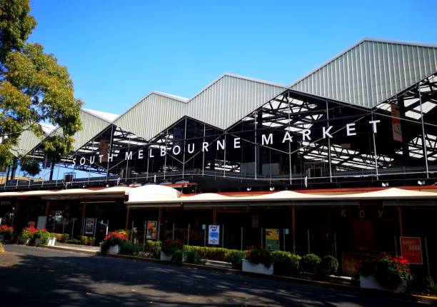 Melbourne, Australia: March 2019: South Melbourne Market first opened in 1867 and is still selling fresh produce and ethnic foods. The multifaceted rooftop captures and recycles rainwater.