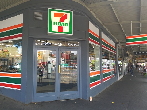 Melbourne, Australia: March 19, 2019: 7-Eleven convenience store in a Melbourne suburb. 7-Eleven is a Japanese owned American international chain selling groceries and convenience foods locally.