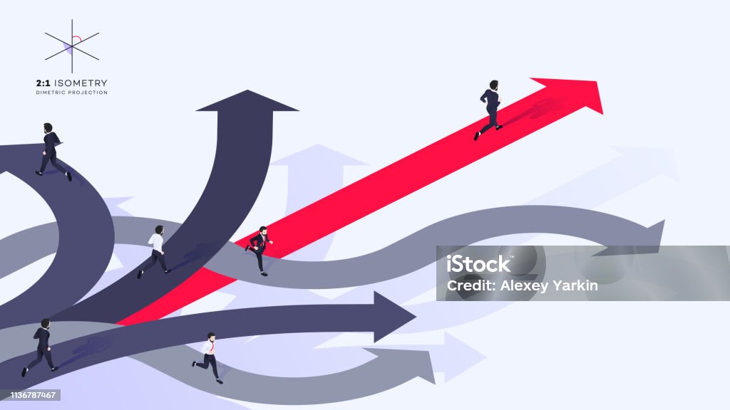 Conceptual Isometric Better Choice Vector Illustration 3d Businessman Run Ahead Of The Team Over Red Arrow. He Chose Right Path. Conceptual Isometric Better Choice Vector Illustration. Footpath stock vector