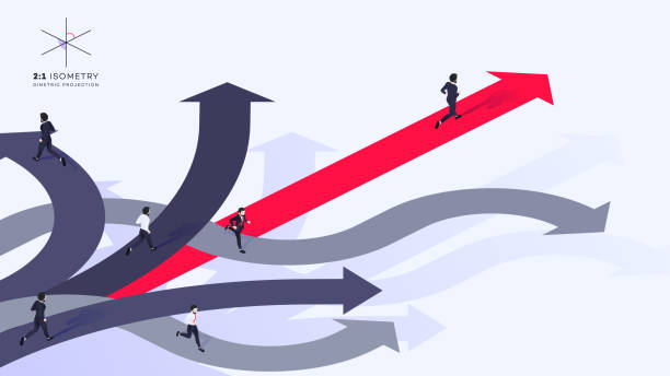 Conceptual Isometric Better Choice Vector Illustration 3d Businessman Run Ahead Of The Team Over Red Arrow. He Chose Right Path. Conceptual Isometric Better Choice Vector Illustration. crossroad stock illustrations