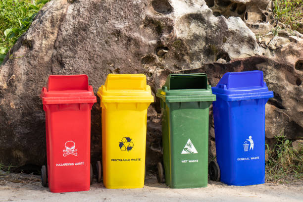 istock different colored trash containers for garbage separation with sign and icon near the beach for tourist 1136789316