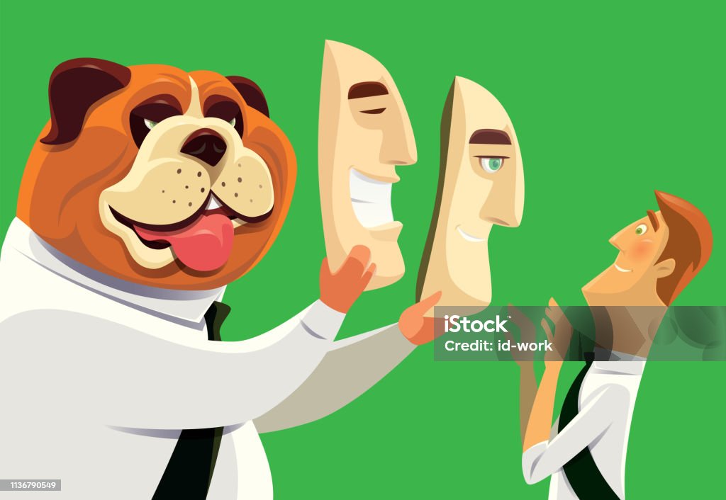 businessman bulldog hold masks and facing to man vector illustration of businessman bulldog hold mask and facing to man Dog stock vector