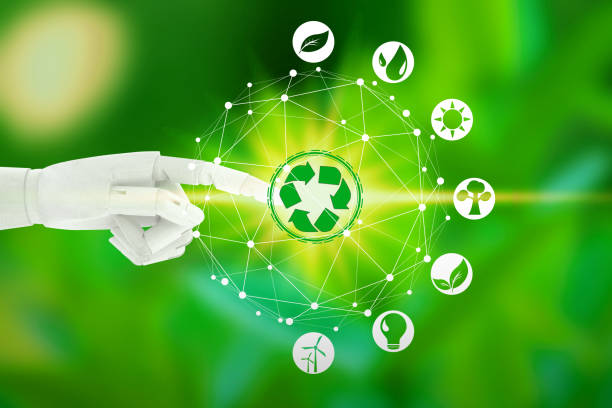 istock Robot hand with touching virtual environment icons over the network connection on nature background, Artificial Intelligence and Technology ecology concept. 1136791377