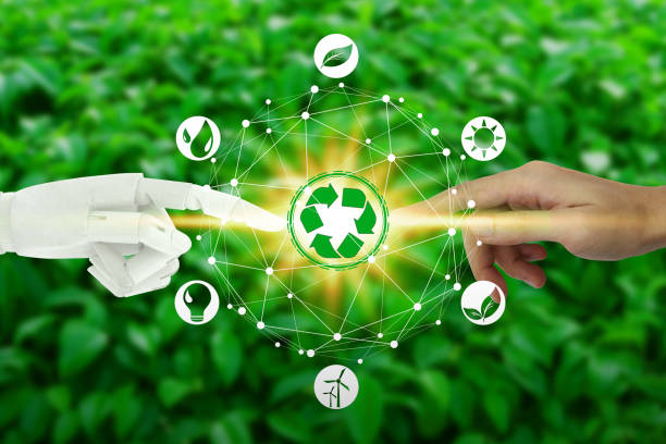 istock Robot and human hands with touching virtual environment icons over the network connection on nature background, Artificial Intelligence and Technology ecology concept. 1136791387