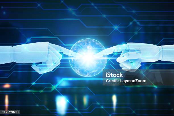 Robot Hands Touching On Technology Background Artificial Intelligence Technology Concept Stock Photo - Download Image Now