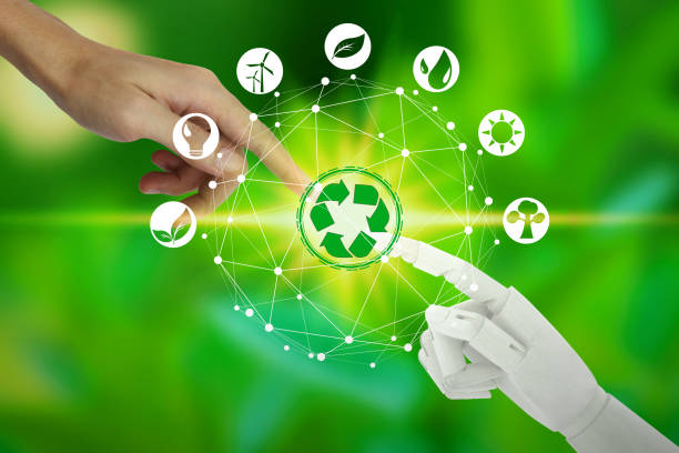 istock Robot and human hands with touching virtual environment icons over the network connection on nature background, Artificial Intelligence and Technology ecology concept. 1136791453