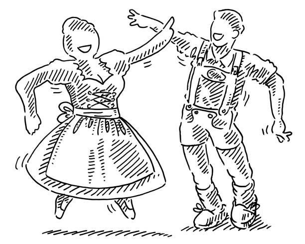 illustrazioni stock, clip art, cartoni animati e icone di tendenza di disegno di coppia dell'oktoberfest danzante - german culture oktoberfest dancing lederhosen