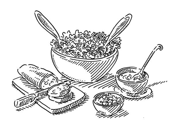 Salad Buffet Lunch Food Drawing Hand-drawn vector drawing of a Salad Buffet Lunch Food. Black-and-White sketch on a transparent background (.eps-file). Included files are EPS (v10) and Hi-Res JPG. buffet illustrations stock illustrations