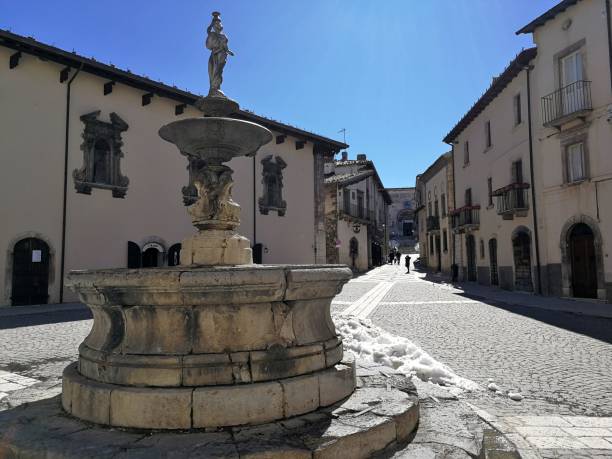 Pescocostanzo - Fountain in Town Hall Square Pescocostanzo, L'Aquila, Abruzzo, Italy - March 15, 2019: Fountain in Piazza del Municipio lacemaking photos stock pictures, royalty-free photos & images