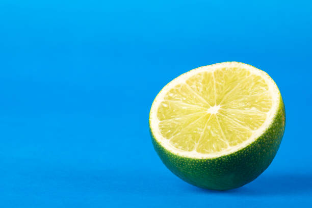 tahiti lemon on blue background - citrus × latifolia - creole food food studio shot nobody imagens e fotografias de stock