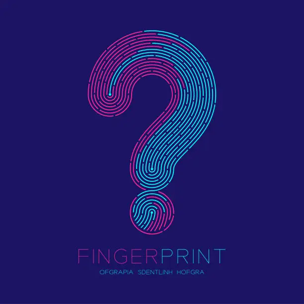 Vector illustration of Question mark sign pattern Fingerprint scan logo icon dash line, Doubt concept, Editable stroke illustration blue and pink isolated on blue background with Fingerprint text and space, vector eps10