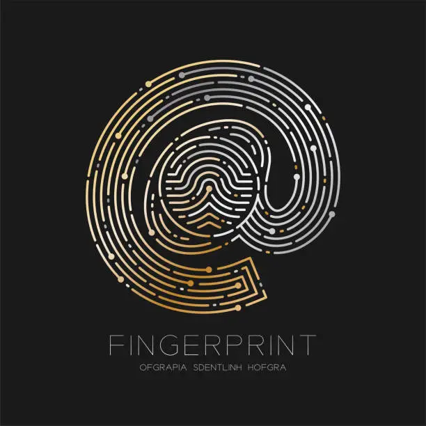 Vector illustration of At sign icon Fingerprint scan pattern logo dash line, digital technology online concept, illustration silver and gold isolated on black background with Fingerprint text, vector