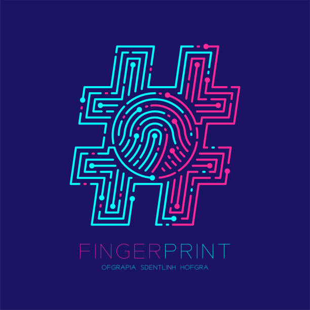 ilustrações de stock, clip art, desenhos animados e ícones de hashtag sign fingerprint scan pattern logo dash line, digital social network concept, editable stroke illustration pink and blue isolated on dark blue background with fingerprint text, vector - track vector individuality thumbprint