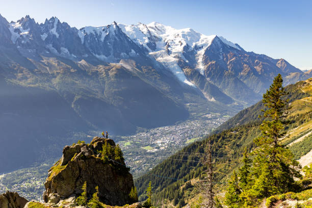Mont Blanc mountain Chamonix village two mountaineers view.