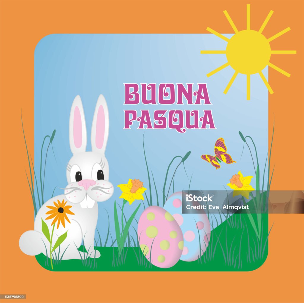 Ilustración vectorial con texto italiano Buona Pasqua, significa feliz Pascua. Concepto con ilustración en varios idiomas. Conejo escondiendo huevos. - arte vectorial de Acontecimiento libre de derechos