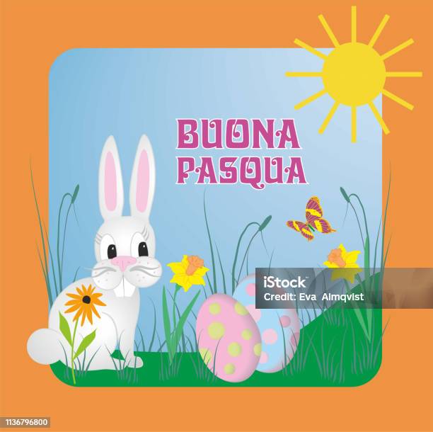 Ilustración de Ilustración Vectorial Con Texto Italiano Buona Pasqua Significa Feliz Pascua Concepto Con Ilustración En Varios Idiomas Conejo Escondiendo Huevos y más Vectores Libres de Derechos de Acontecimiento