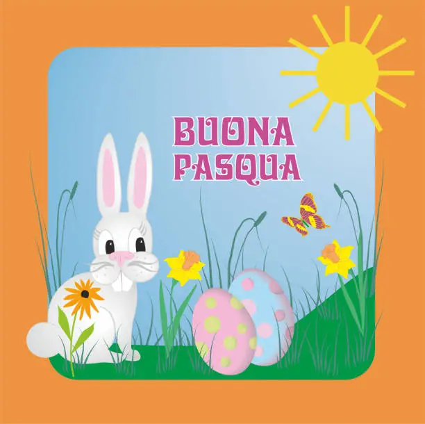 Vector illustration of Vector illustration with italy text Buona Pasqua, means Happy Easter. Concept with illustration in several languages. Rabbit hiding eggs.