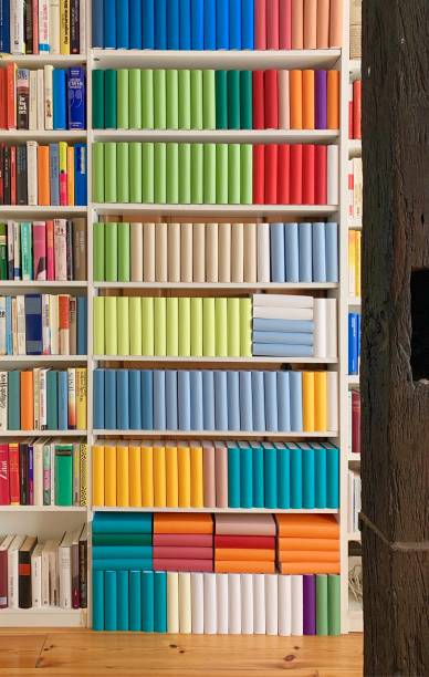 colorful generic and real books in white shelves - library book shelf generic imagens e fotografias de stock