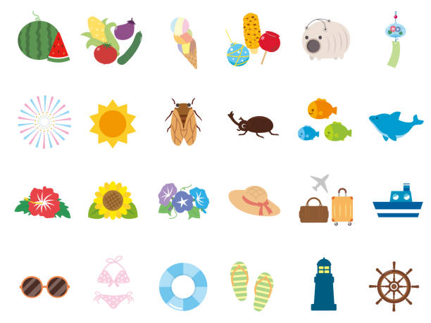 illustrazioni stock, clip art, cartoni animati e icone di tendenza di icona estiva set1 - rhinoceros beetles