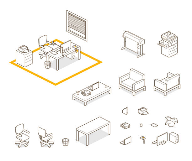 home/ office elements elements for home / office. 26.57° isometric copying illustrations stock illustrations
