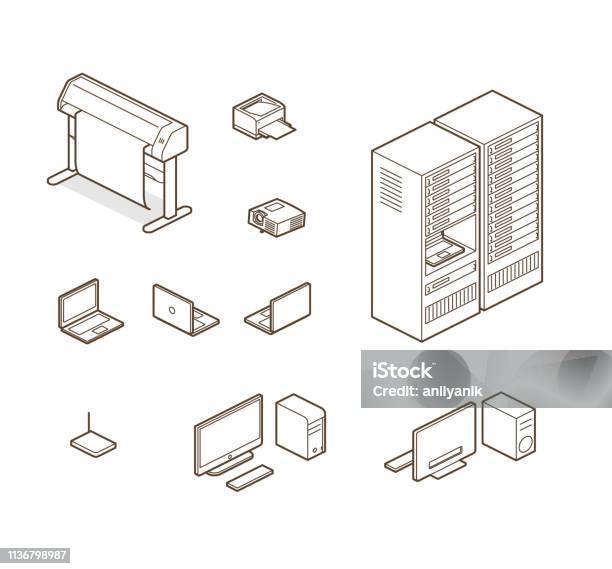 Home Office Elements Stock Illustration - Download Image Now - Isometric Projection, Data Center, Line Art