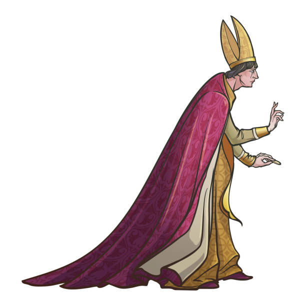 High rank catholic priest with blessing gesture. Medieval gothic style concept art. Design element. Linear color drawing isolated on white background. EPS10 vector illustration