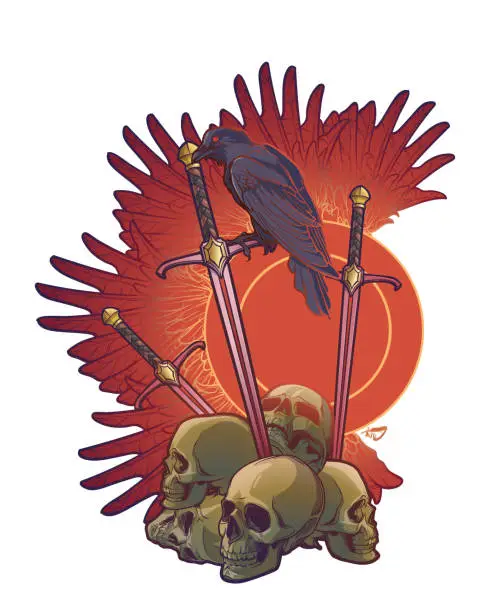 Vector illustration of Allegory of war. Human skulls, swords and Crow. Conceptual art, tattoo or tarot card design.