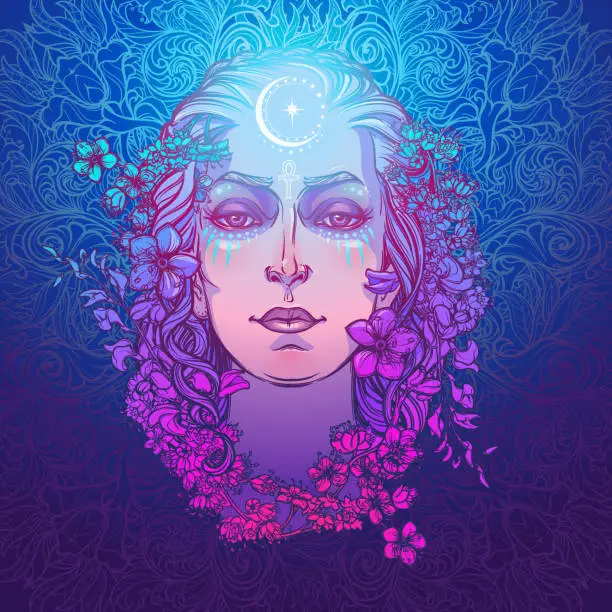 Vector illustration of White goddess of european culture. Symbol of femininity, motherhood birth and death. Known in different cultures as Persephone, Eostre, Arianrhod, Isis and others.