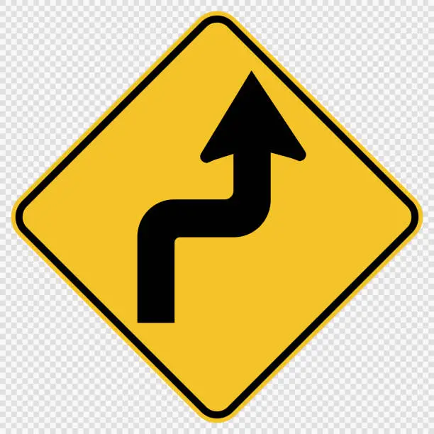 Vector illustration of Curves ahead Right Traffic Road Sign on transparent background